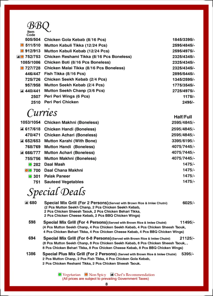 Monal Tree House Menu 